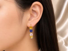 18K Yellow Gold Cabochon Citrine Topaz Rose Quartz Hoop Earrings Estate