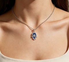14K White Gold Hamsa Sapphire Diamond Pendant Estate