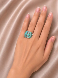 18K White Gold Turquoise and Diamond Carved Leaf Ring