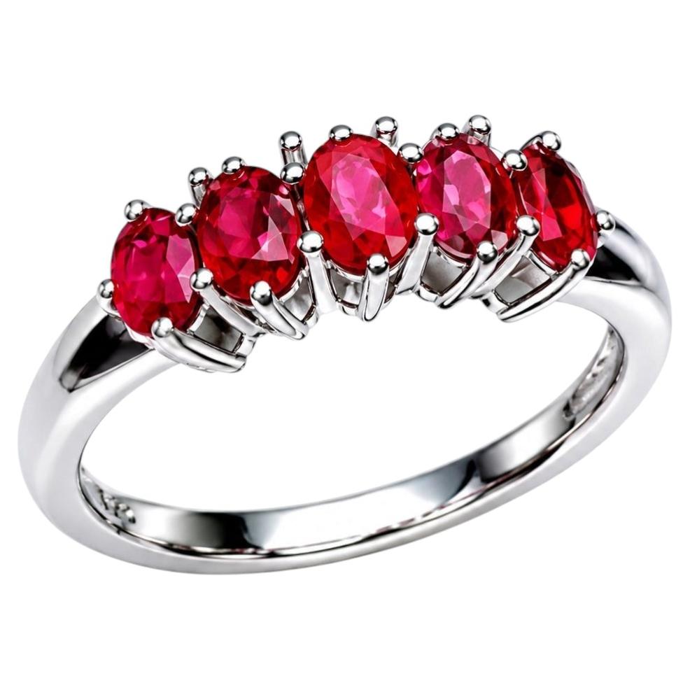 14K White Gold Ruby 5 Stone Diamond Band Estate Ring