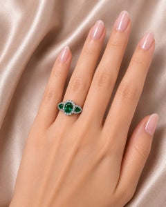 18K White Gold Emerald Diamond 3 Stone Anniversary Band Ring Estate