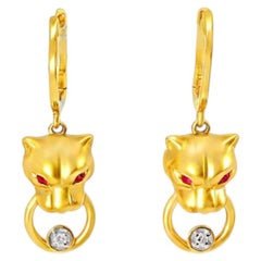 14K Yellow Gold Diamond Ruby Tiger Hanging Earrings Estate