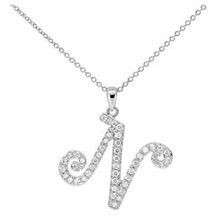 18K White Gold Diamond N Initial Pendant Slide Necklace Estate