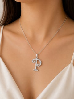 18K White Gold Diamond "P" Initial Pendant Slide Necklace Estate