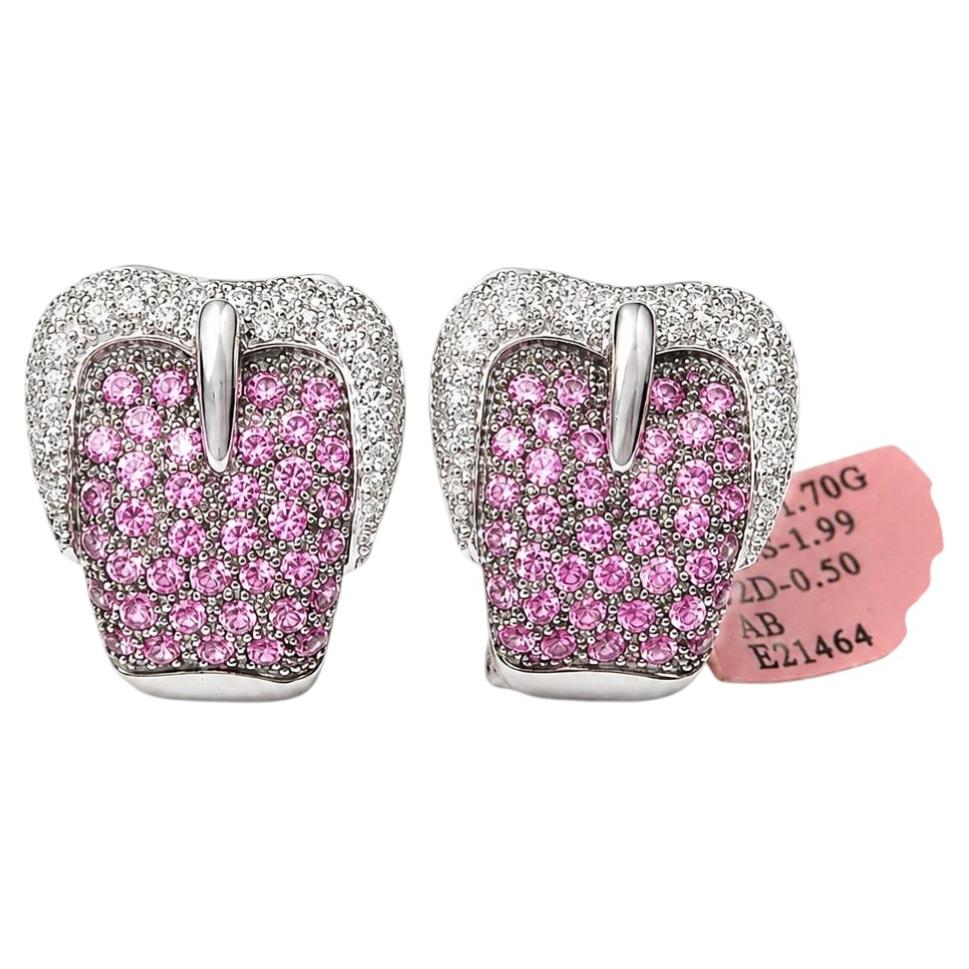 14K White Gold Estate Diamond & Pink Sapphire Buckle French Clip Earrings For Sale