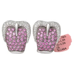 14K White Gold Estate Diamond & Pink Sapphire Buckle French Clip Earrings