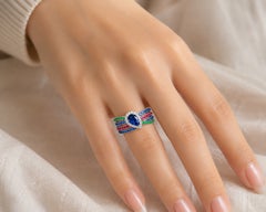 18K White Gold Diamond Ruby Sapphire Emerald Band Ring