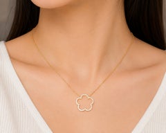 Collana con ciondolo floreale a forma di quadrifoglio a 5 foglie in oro giallo 14 carati con diamanti