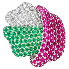 18K White Gold Diamond Emerald Ruby Knot Band Ring Unique Multi Gemstone Estate