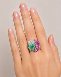 18K White Gold Diamond Emerald Ruby Knot Band Ring Unique Multi Gemstone Estate