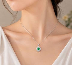 14K White Gold Colombian Emerald Diamond Pendant Necklace Estate