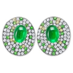18K White Gold Cabochon Emerald Diamond Huggie Earrings