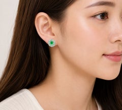 18K White Gold Cabochon Emerald Diamond Huggie Earrings