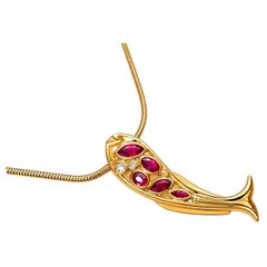 18K Yellow Gold Ruby Diamond Fish Slide Pendant