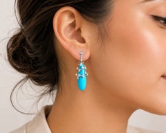14K White Gold Turquoise Diamond Dangle Drop Earrings