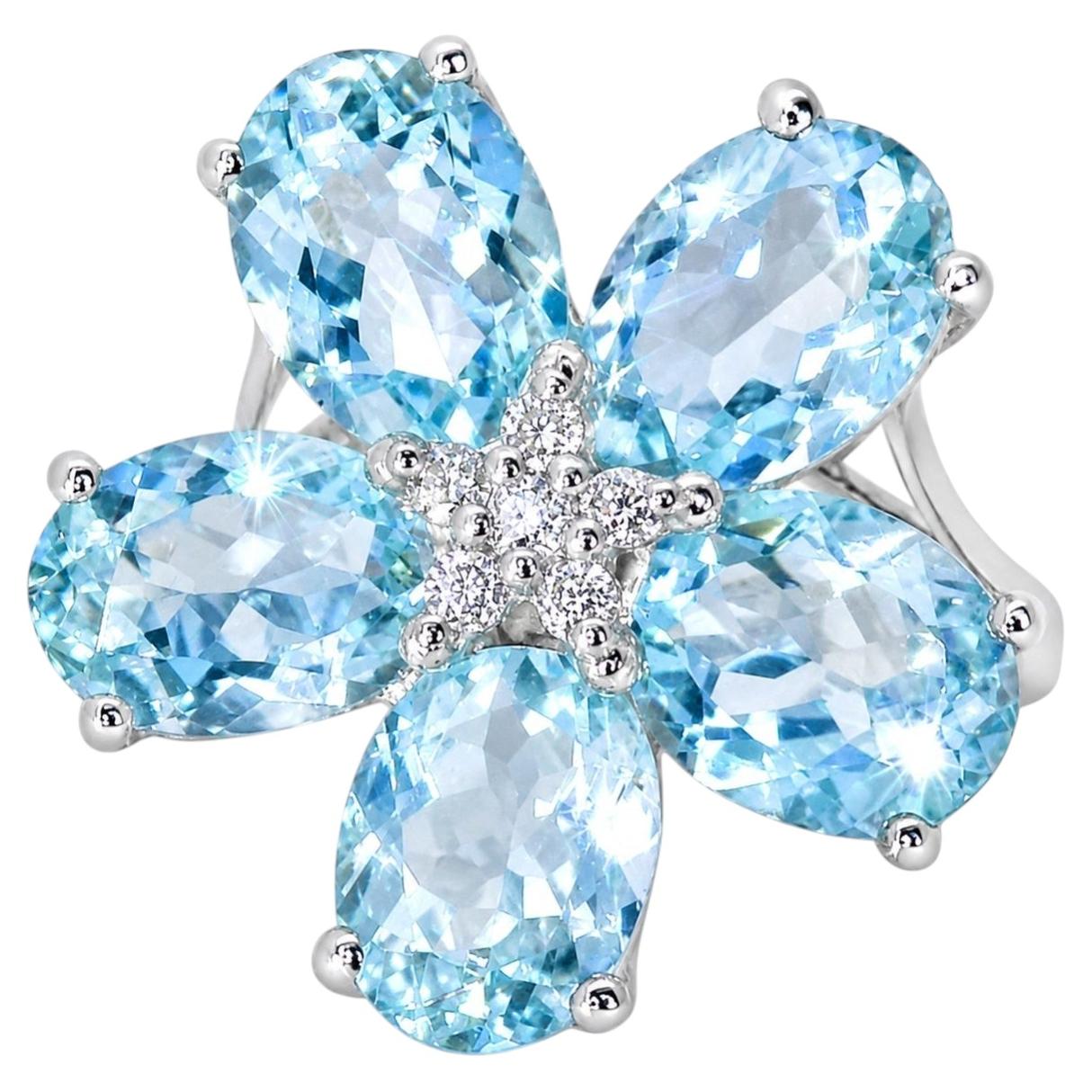 18K White Gold Diamond Aquamarine Floral Ring