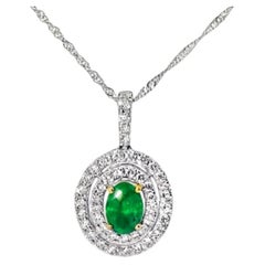 14K White Gold Oval Emerald Diamond Drop Pendant Necklace Estate