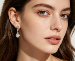14K White Gold Pave Diamond Sunflower Drop Earrings Estate