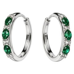 14K White Gold Hoop Earrings Emerald Diamond Estate Luxury Jewelry