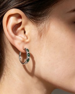 14K White Gold Hoop Earrings Emerald Diamond Estate Luxury Jewelry