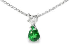 14K White Gold Pear Emerald Diamond Drop Pendant Necklace Estate