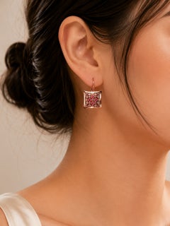 Orecchini pendenti in oro rosa 14 carati con diamanti taglio rosa e rubini