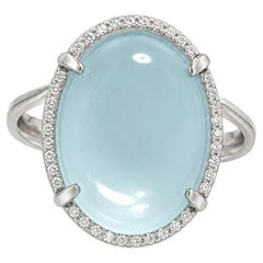 14K White Gold Aquamarine Cabochon Diamond Cocktail Ring Estate