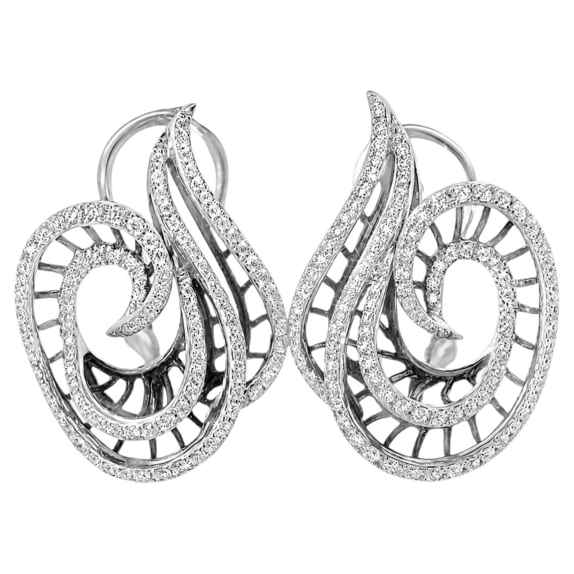 18K White Gold Italian Designer Odelia Diamond Swirl French Clip Earrings For Sale