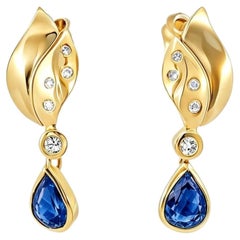 14K Yellow Gold Diamond Sapphire Tear Drop Pear Dangle Earrings