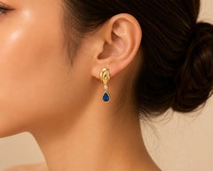 14K Yellow Gold Diamond Sapphire Tear Drop Pear Dangle Earrings