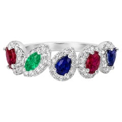 18K White Gold Ruby Sapphire Emerald Diamond Band Ring Estate