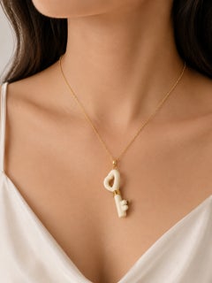 14K Yellow Gold White Agate Key Pendant Slide Necklace Modern Estate