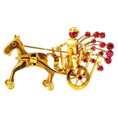 14K Gold Carriage Horse Brooch Antique with Rubies and Movable Wheels