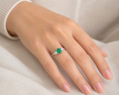14K White Gold Emerald Diamond 3 Stone Ring Band