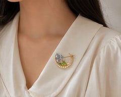 14K Yellow Gold Moon Seed Pearl Enamel Diamond Victorian Estate Brooch Pin