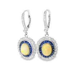 Orecchini pendenti in oro bianco 18 carati con diamanti, opali e zaffiri, stile Art Déco, pezzi d’epoca