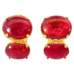 14K Yellow Gold Cabochon Ruby Earrings Designer Estate