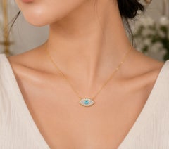 14K Yellow Gold Blue Topaz Diamond Evil Eye Necklace Estate