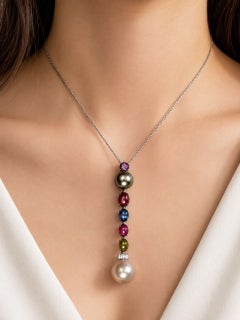 18K White Gold Diamond Gemstone Tahitian Pearl Pendant Necklace