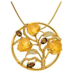 14K Yellow Gold Diamond Topaz Smokey Quartz Leaf Pendant