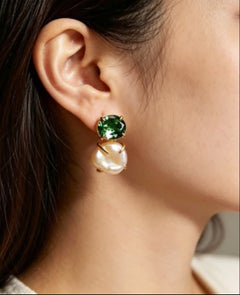 14K Yellow Gold Green Amethyst Baroque Pearl Drop Earrings Designer Estate