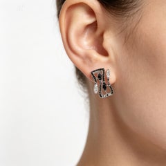 14K White Gold Black Diamond Leaf Huggie Earrings Estate