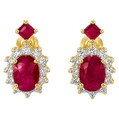 14K Yellow Gold Estate Diamond & Ruby Filigree Earrings