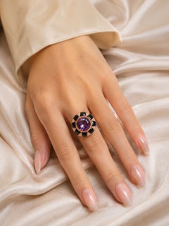 14K Pink Rose Gold Amethyst Onyx Diamond Cocktail Ring
