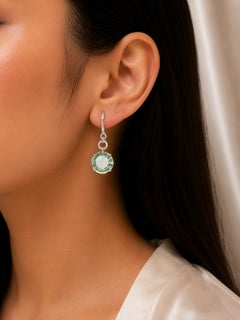 18K White Gold Diamond Cabochon Green Amethyst Hanging Earrings