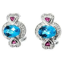 14K White Gold Blue Topaz Garnet Diamond Heart Earrings