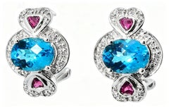 14K White Gold Blue Topaz Garnet Diamond Heart Earrings