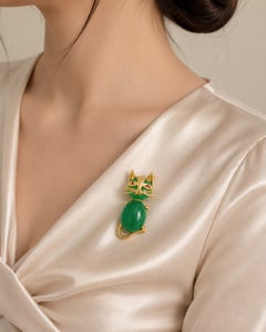 14K Yellow Gold Green Aventurine Ruby Cat Brooch Pin