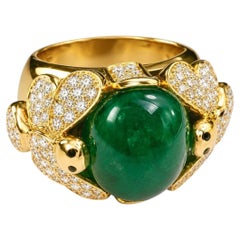 18K Yellow Gold Cabochon Emerald Diamond Dragonfly Designer Ring Estate