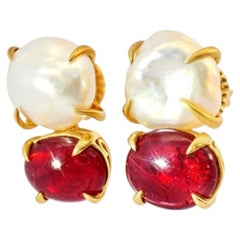 14K Yellow Gold Cabochon Ruby Baroque Pearl Drop Earrings Designer Estate